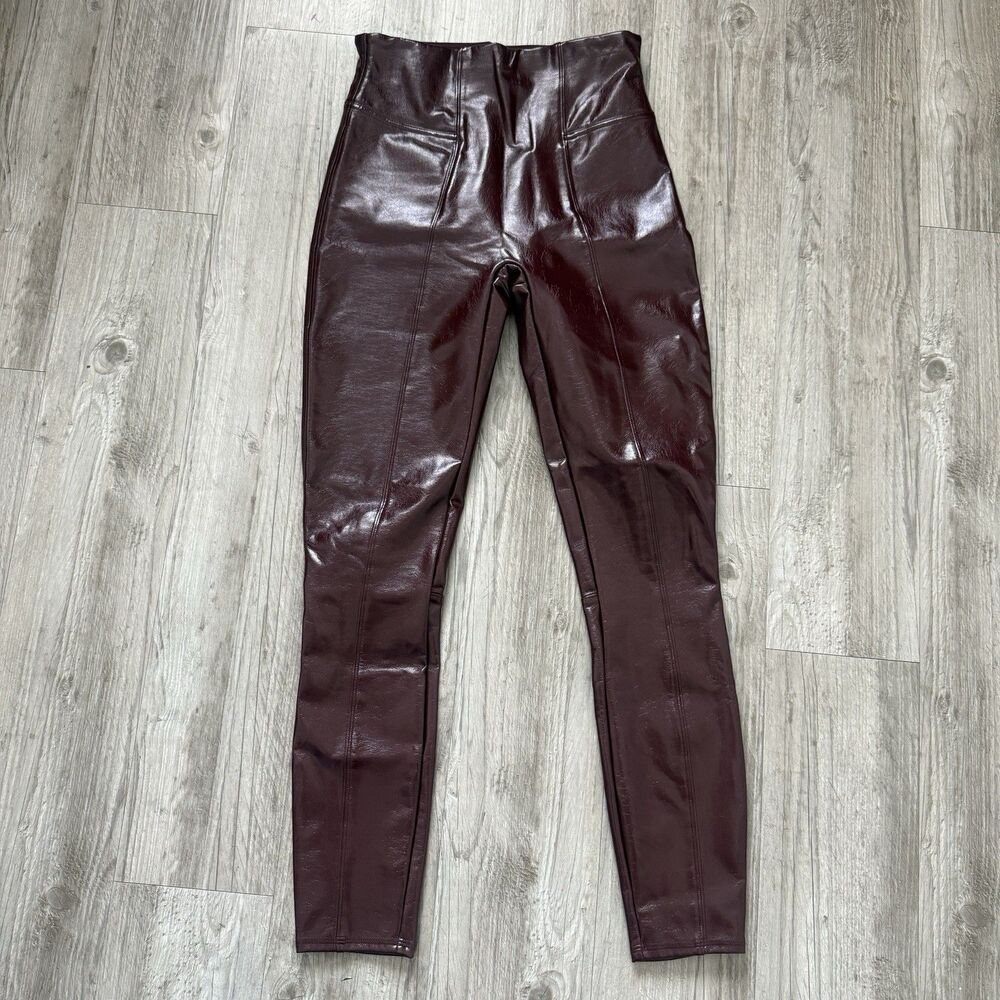 Spanx Faux Patent Leather Leggings Size S Burgundy High Rise Glam Night Out Luxe